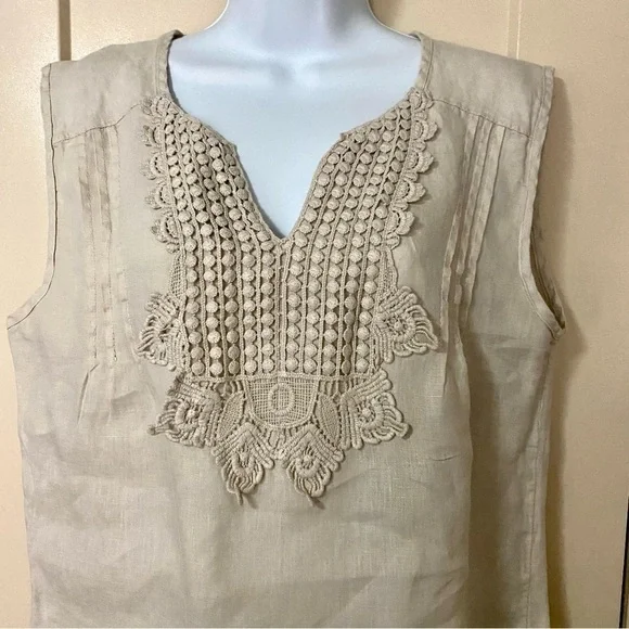 Tan Beige Linen Sleeveless Tunic Top Blouse Small Lace V-neck Breathable Summer - Picture 3 of 12